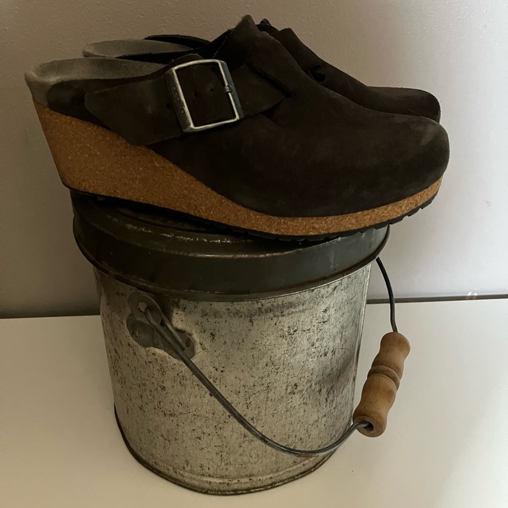 Papillio(by Birkenstock) Brown Suede Cork Wedge Clogs size 38 or sz 8.